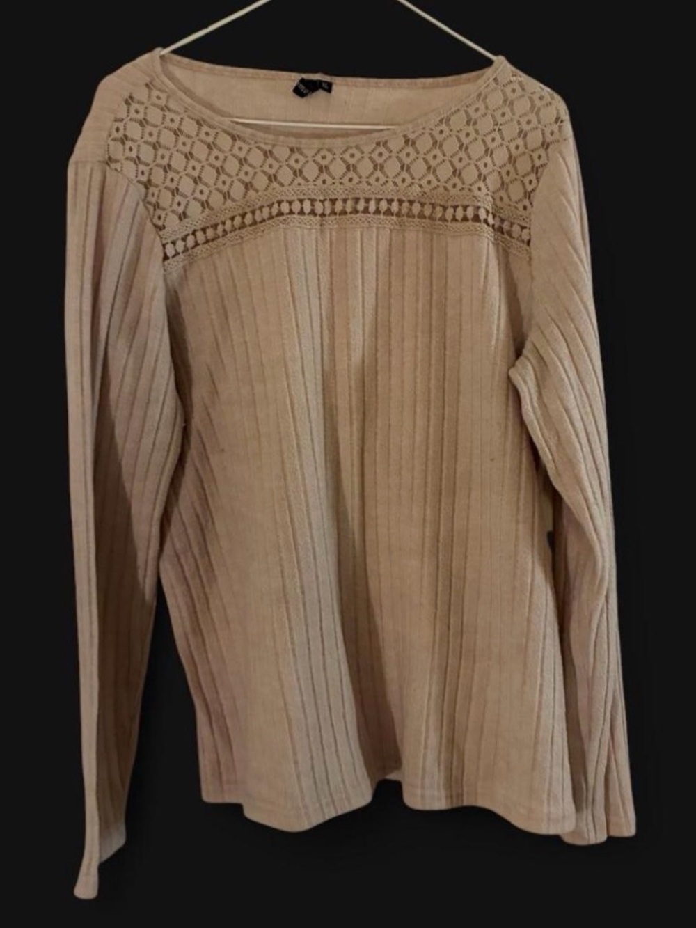 Long Sleeve Ribbed Knit Top with Crochet Yoke - Beige